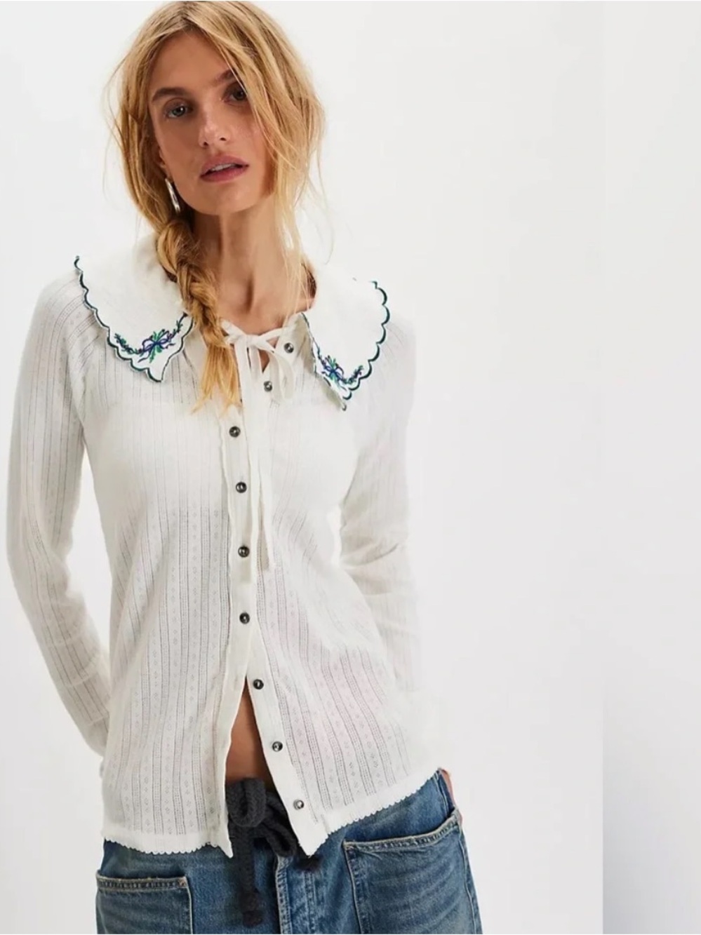 Free People White Ribbed Button-Front Cardigan with Embroidered Peter Pan Collar